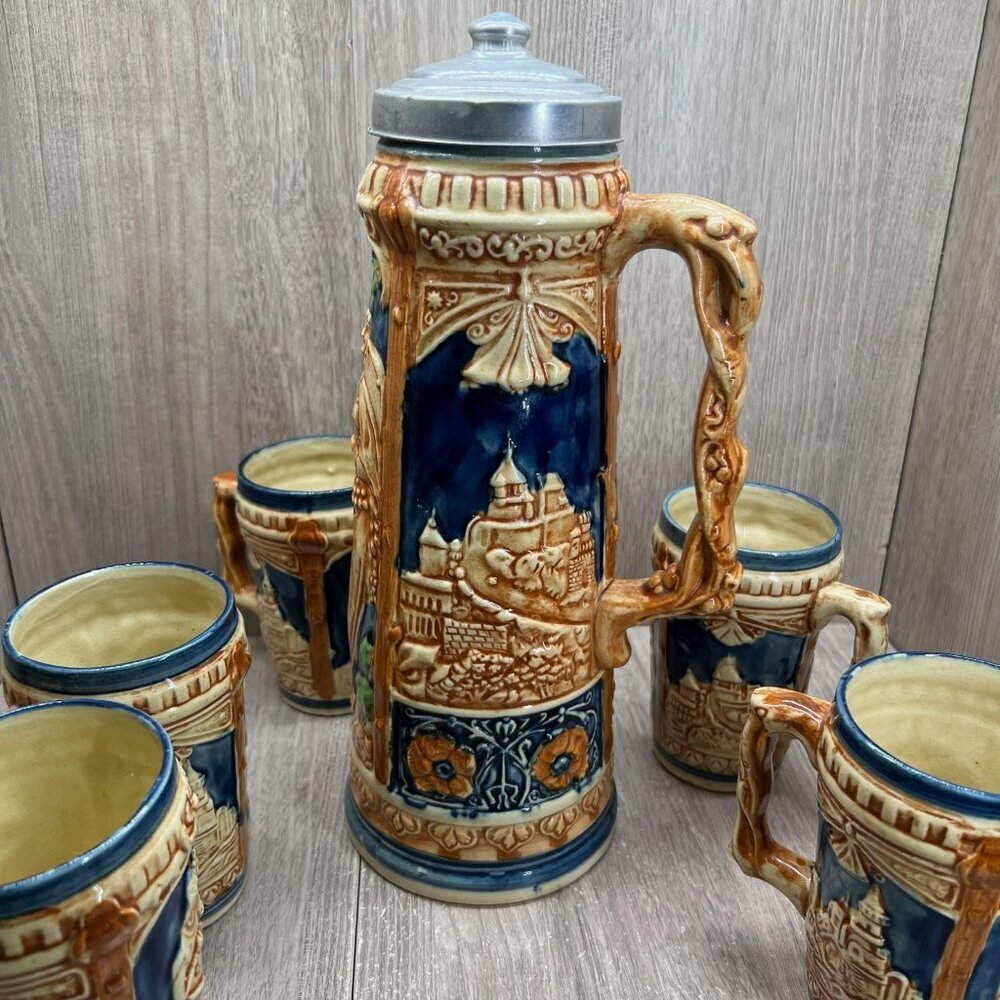 Vtg Ceramic Beer Stein Set w/Lidded Pitcher & 5 Mugs Made in Japan Blue Tan - Picture 4 of 16
